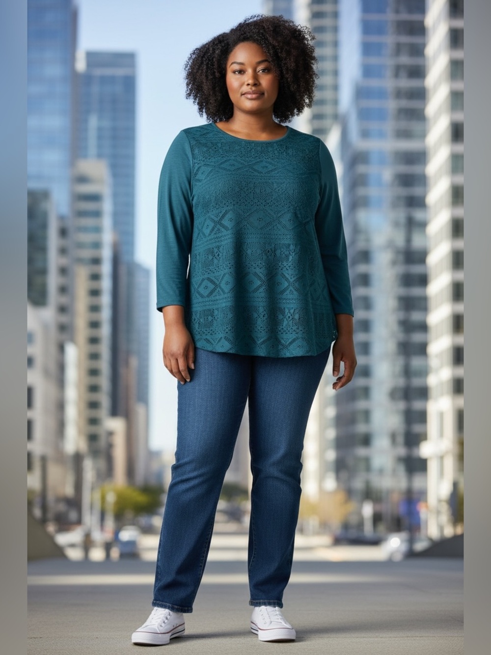 Penningtons, Plus Size X, Teal Lace Front Top 3/4 Sleeve Relaxed Fit